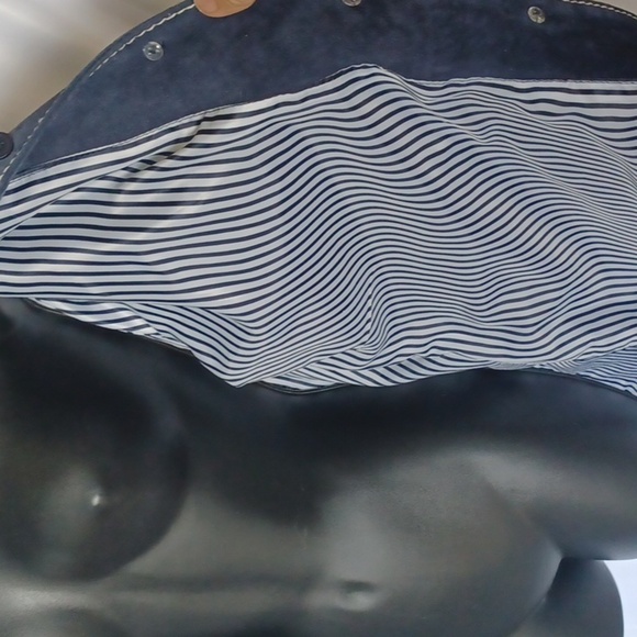 Dialogue genuine suede fully lined knee length jacket in blue w/white stitching - Picture 4 of 7